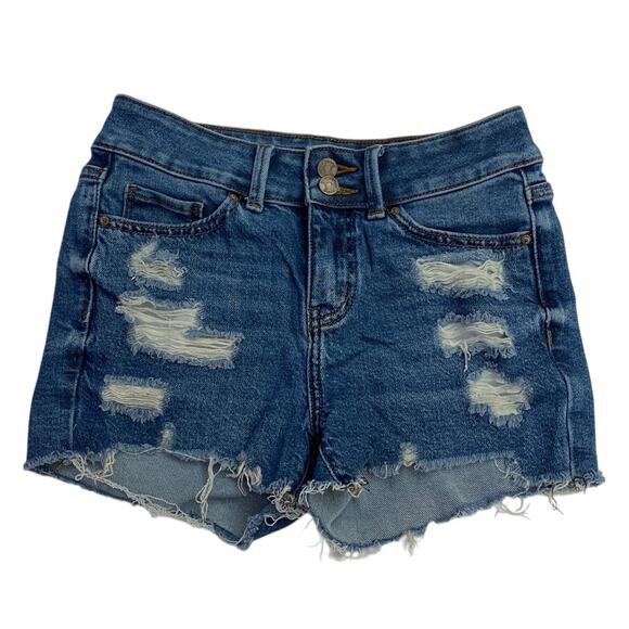 High Rise Button Fly Distressed Cut Off Shorts Sz 3/26 Blue Denim Simple Society - Picture 1 of 10